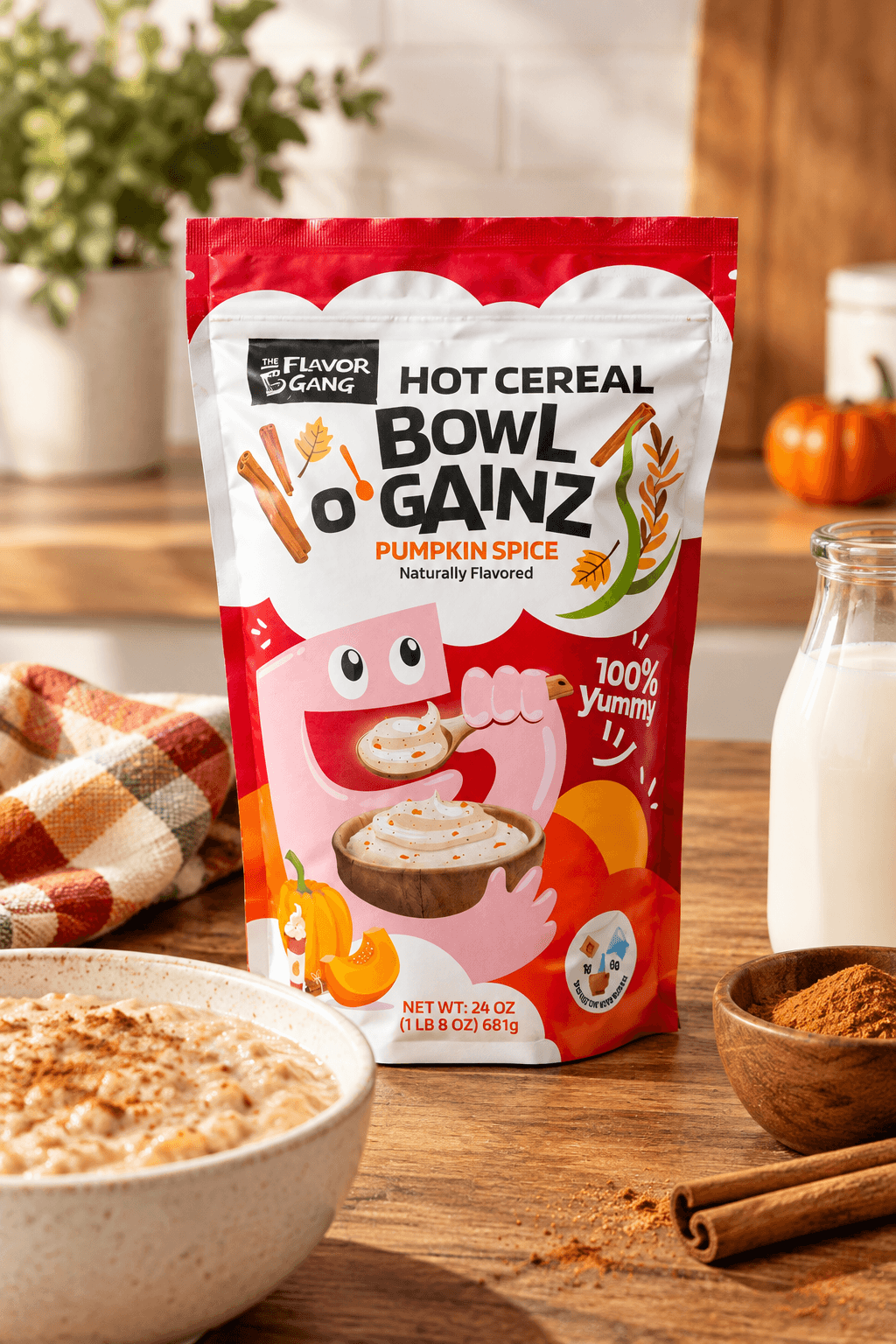 Bowl O’ Gainz Pumpkin Spice hot cereal pouch on a wooden kitchen counter with a bowl of cereal, cinnamon sticks, pumpkin spice, milk, and fall decor.