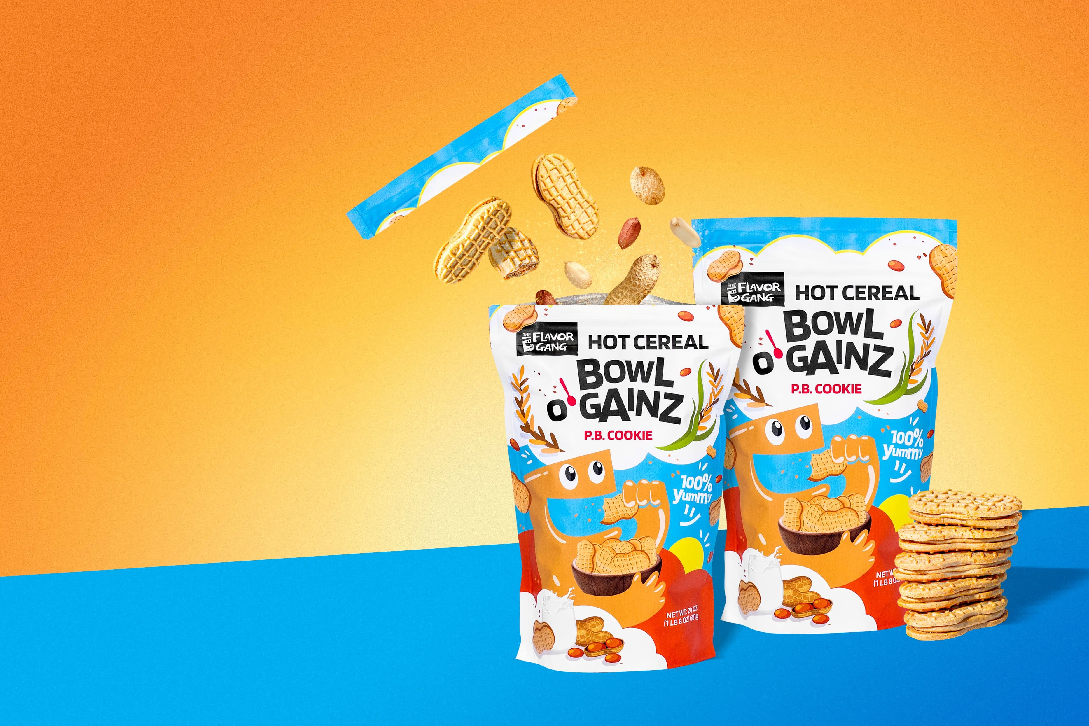 Two bags of The Flavor Gang Bowl O’ Gainz P.B. Cookie hot cereal on a bright orange and blue background with peanut butter cookie pieces and peanuts.