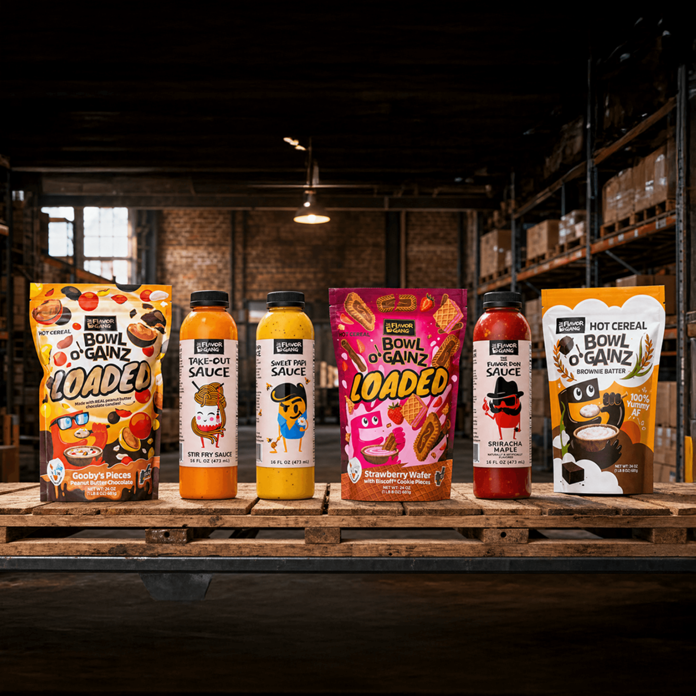 The Flavor Gang product lineup on a wooden pallet in an industrial warehouse, featuring Bowl O' Gainz cream of rice pouches and bottled sauces.